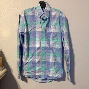 Men's Blue and Green Plaid Button-Down Shirt